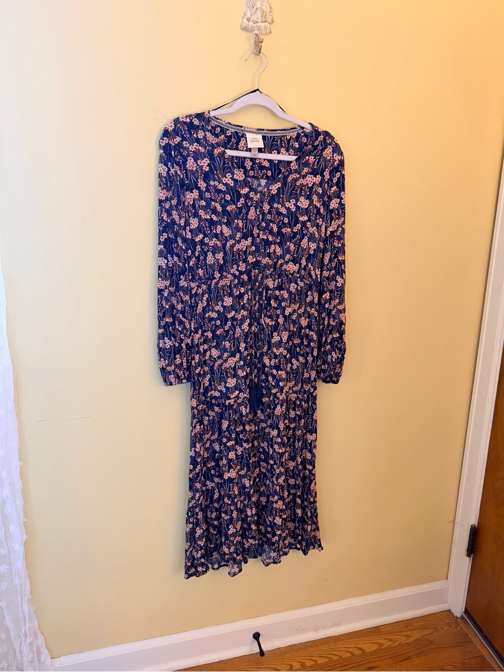 Floral Long Sleeve Midi Dress - Navy with Pink Flowers